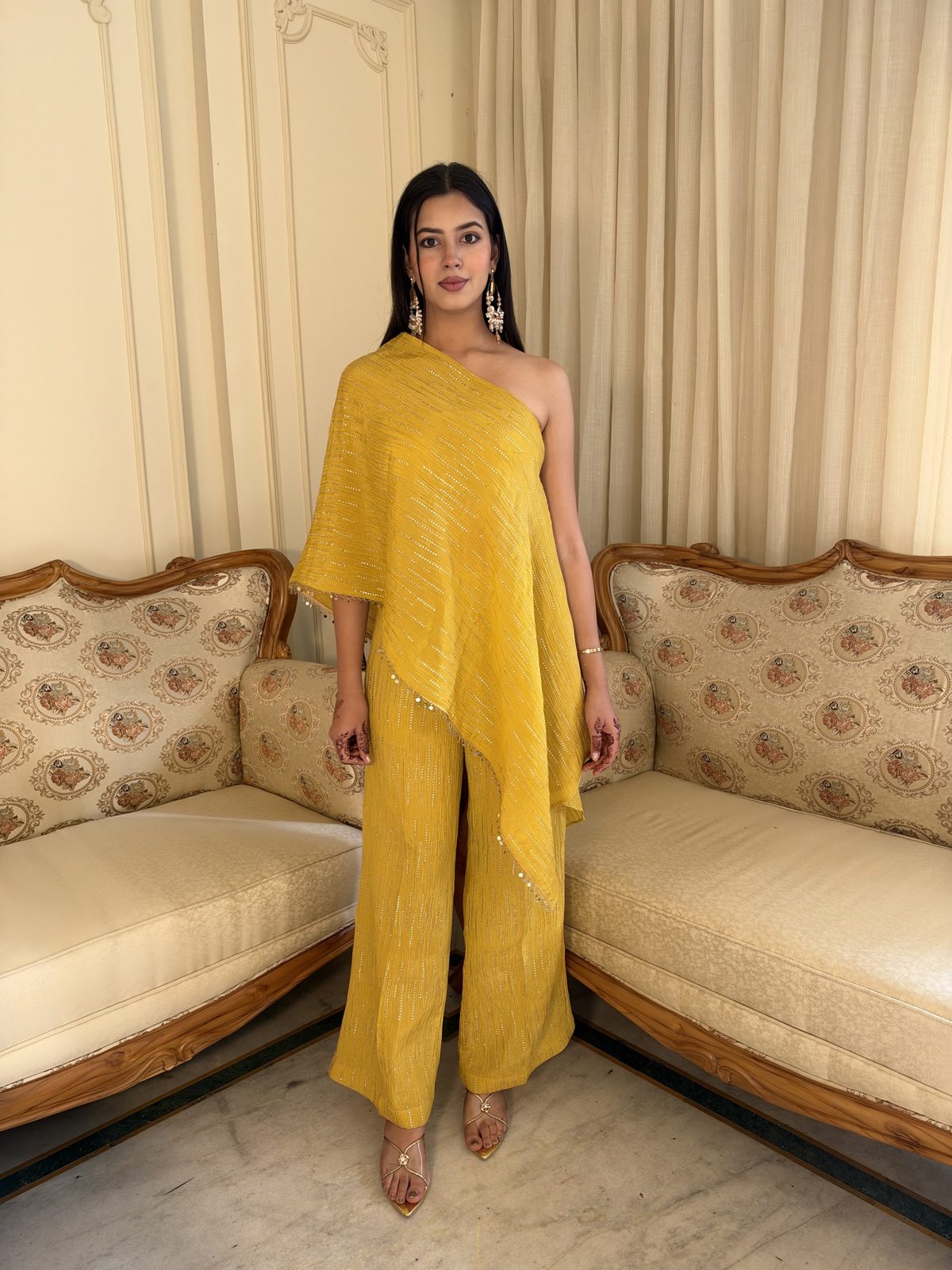Mustard One-Shoulder Drape Set